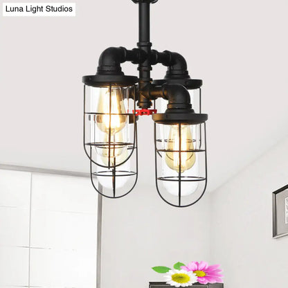 DecorBites™ DecorBites™ Sleek Black 3/4-Light Semi Mount Industrial Clear Glass Cage Lamp Fixture