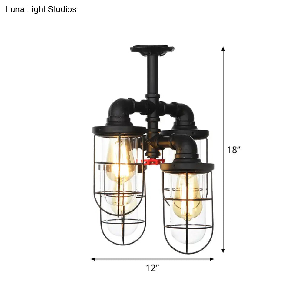 DecorBites™ DecorBites™ Sleek Black 3/4-Light Semi Mount Industrial Clear Glass Cage Lamp Fixture