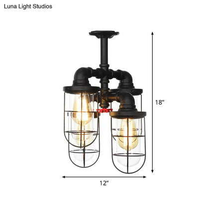 DecorBites™ DecorBites™ Sleek Black 3/4-Light Semi Mount Industrial Clear Glass Cage Lamp Fixture