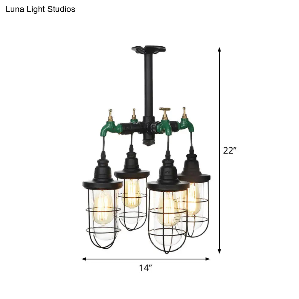 DecorBites™ DecorBites™ Sleek Black 3/4-Light Semi Mount Industrial Clear Glass Cage Lamp Fixture
