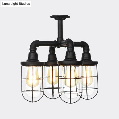 DecorBites™ DecorBites™ Sleek Black 3/4-Light Semi Mount Industrial Clear Glass Cage Lamp Fixture