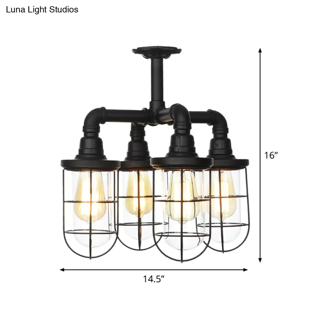 DecorBites™ DecorBites™ Sleek Black 3/4-Light Semi Mount Industrial Clear Glass Cage Lamp Fixture
