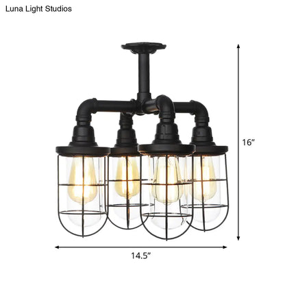 DecorBites™ DecorBites™ Sleek Black 3/4-Light Semi Mount Industrial Clear Glass Cage Lamp Fixture