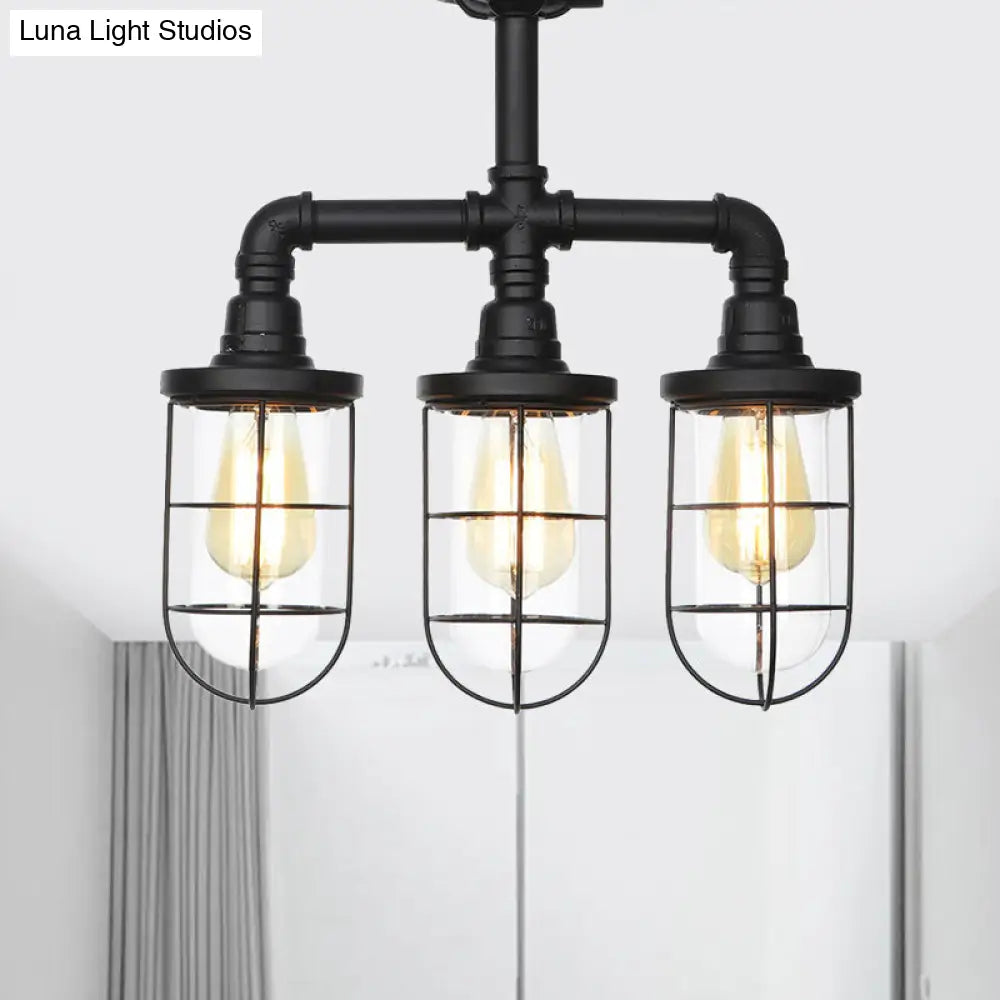 DecorBites™ DecorBites™ Sleek Black 3/4-Light Semi Mount Industrial Clear Glass Cage Lamp Fixture