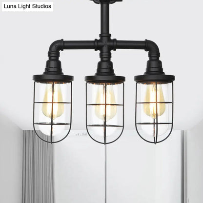 DecorBites™ DecorBites™ Sleek Black 3/4-Light Semi Mount Industrial Clear Glass Cage Lamp Fixture