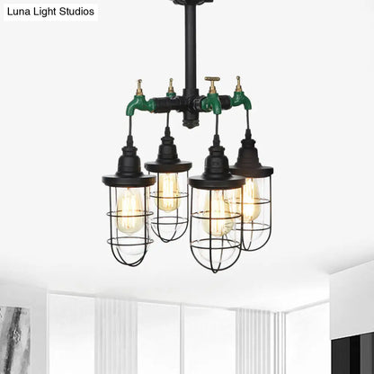 DecorBites™ DecorBites™ Sleek Black 3/4-Light Semi Mount Industrial Clear Glass Cage Lamp Fixture