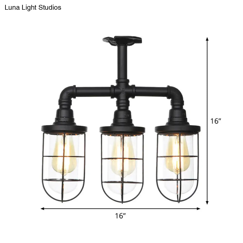 DecorBites™ DecorBites™ Sleek Black 3/4-Light Semi Mount Industrial Clear Glass Cage Lamp Fixture
