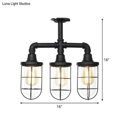 DecorBites™ DecorBites™ Sleek Black 3/4-Light Semi Mount Industrial Clear Glass Cage Lamp Fixture