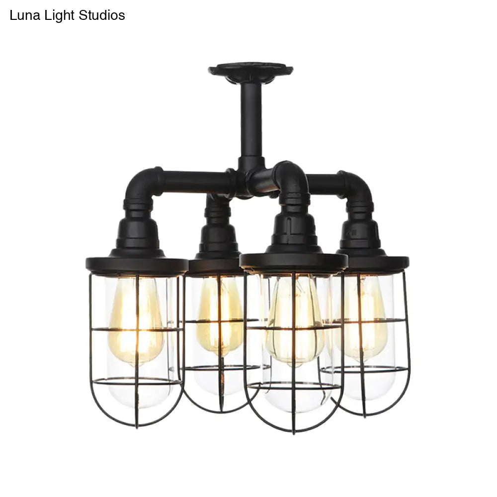 DecorBites™ DecorBites™ Sleek Black 3/4-Light Semi Mount Industrial Clear Glass Cage Lamp Fixture