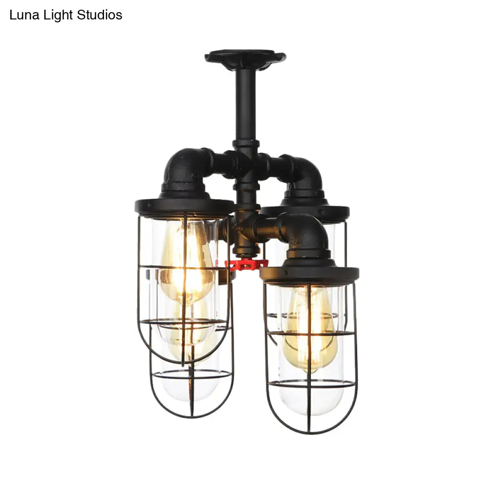 DecorBites™ DecorBites™ Sleek Black 3/4-Light Semi Mount Industrial Clear Glass Cage Lamp Fixture