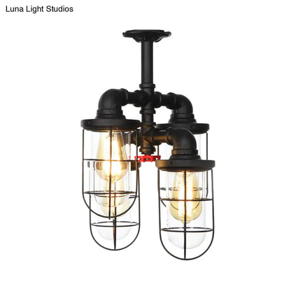 DecorBites™ DecorBites™ Sleek Black 3/4-Light Semi Mount Industrial Clear Glass Cage Lamp Fixture