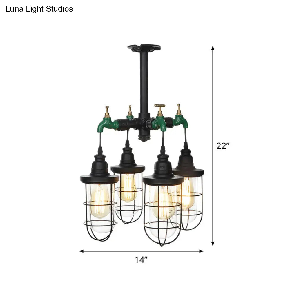 DecorBites™ DecorBites™ Sleek Black 3/4-Light Semi Mount Industrial Clear Glass Cage Lamp Fixture