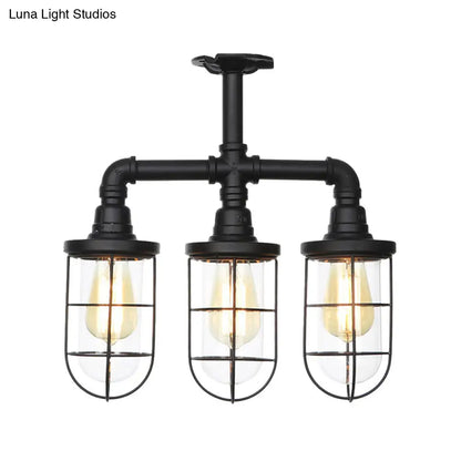 DecorBites™ DecorBites™ Sleek Black 3/4-Light Semi Mount Industrial Clear Glass Cage Lamp Fixture