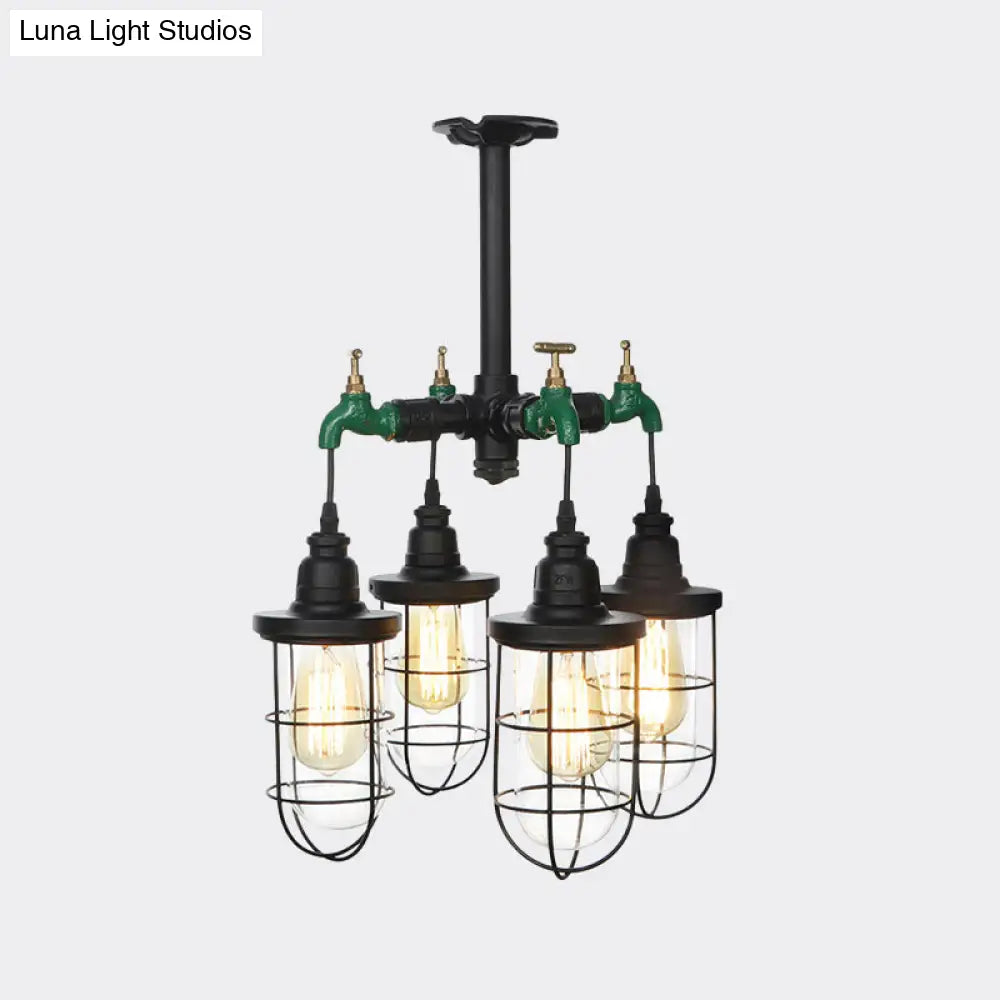 DecorBites™ DecorBites™ Sleek Black 3/4-Light Semi Mount Industrial Clear Glass Cage Lamp Fixture