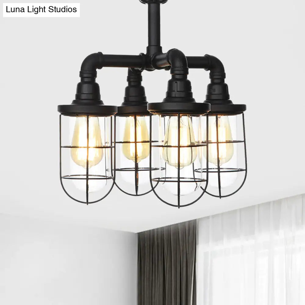 DecorBites™ DecorBites™ Sleek Black 3/4-Light Semi Mount Industrial Clear Glass Cage Lamp Fixture