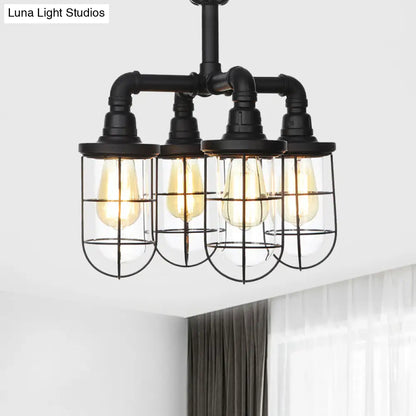 DecorBites™ DecorBites™ Sleek Black 3/4-Light Semi Mount Industrial Clear Glass Cage Lamp Fixture