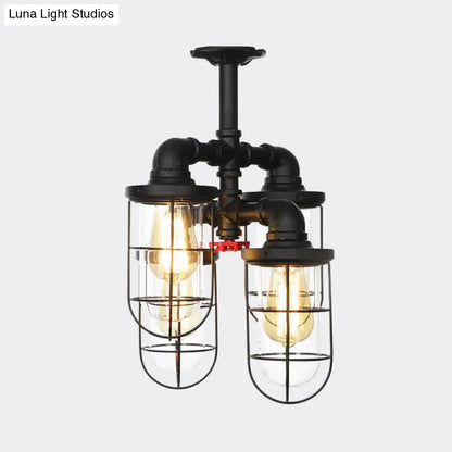 DecorBites™ DecorBites™ Sleek Black 3/4-Light Semi Mount Industrial Clear Glass Cage Lamp Fixture