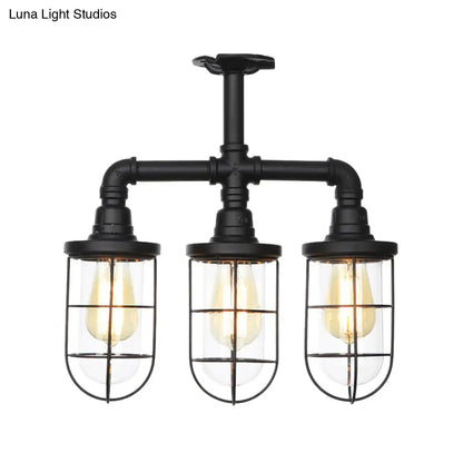 DecorBites™ DecorBites™ Sleek Black 3/4-Light Semi Mount Industrial Clear Glass Cage Lamp Fixture