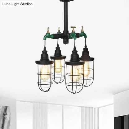 DecorBites™ DecorBites™ Sleek Black 3/4-Light Semi Mount Industrial Clear Glass Cage Lamp Fixture