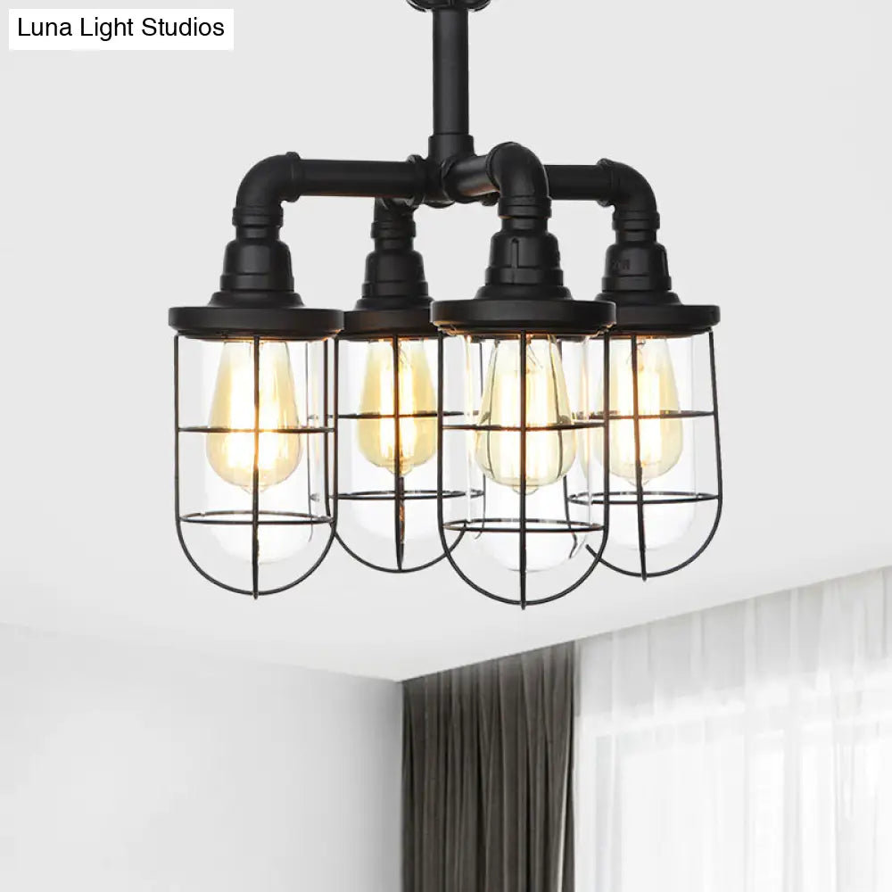 DecorBites™ DecorBites™ Sleek Black 3/4-Light Semi Mount Industrial Clear Glass Cage Lamp Fixture