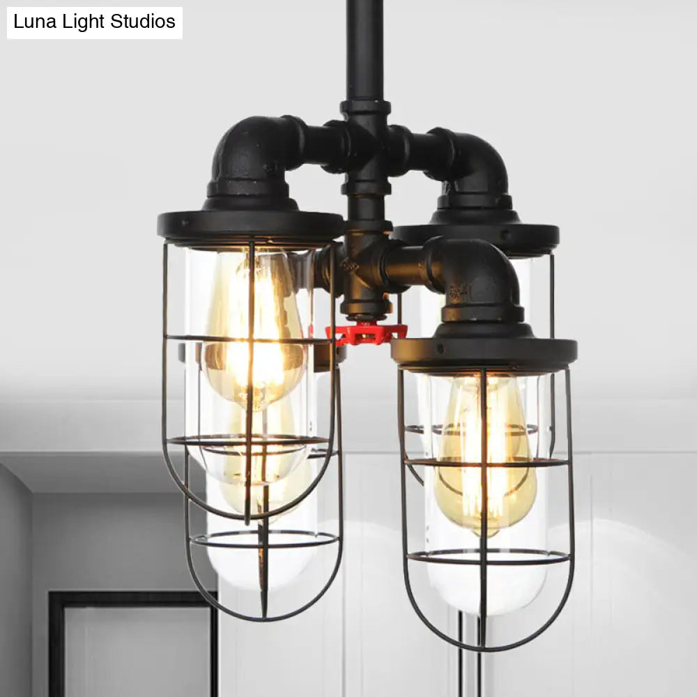 DecorBites™ DecorBites™ Sleek Black 3/4-Light Semi Mount Industrial Clear Glass Cage Lamp Fixture