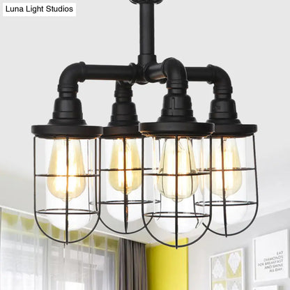 DecorBites™ DecorBites™ Sleek Black 3/4-Light Semi Mount Industrial Clear Glass Cage Lamp Fixture