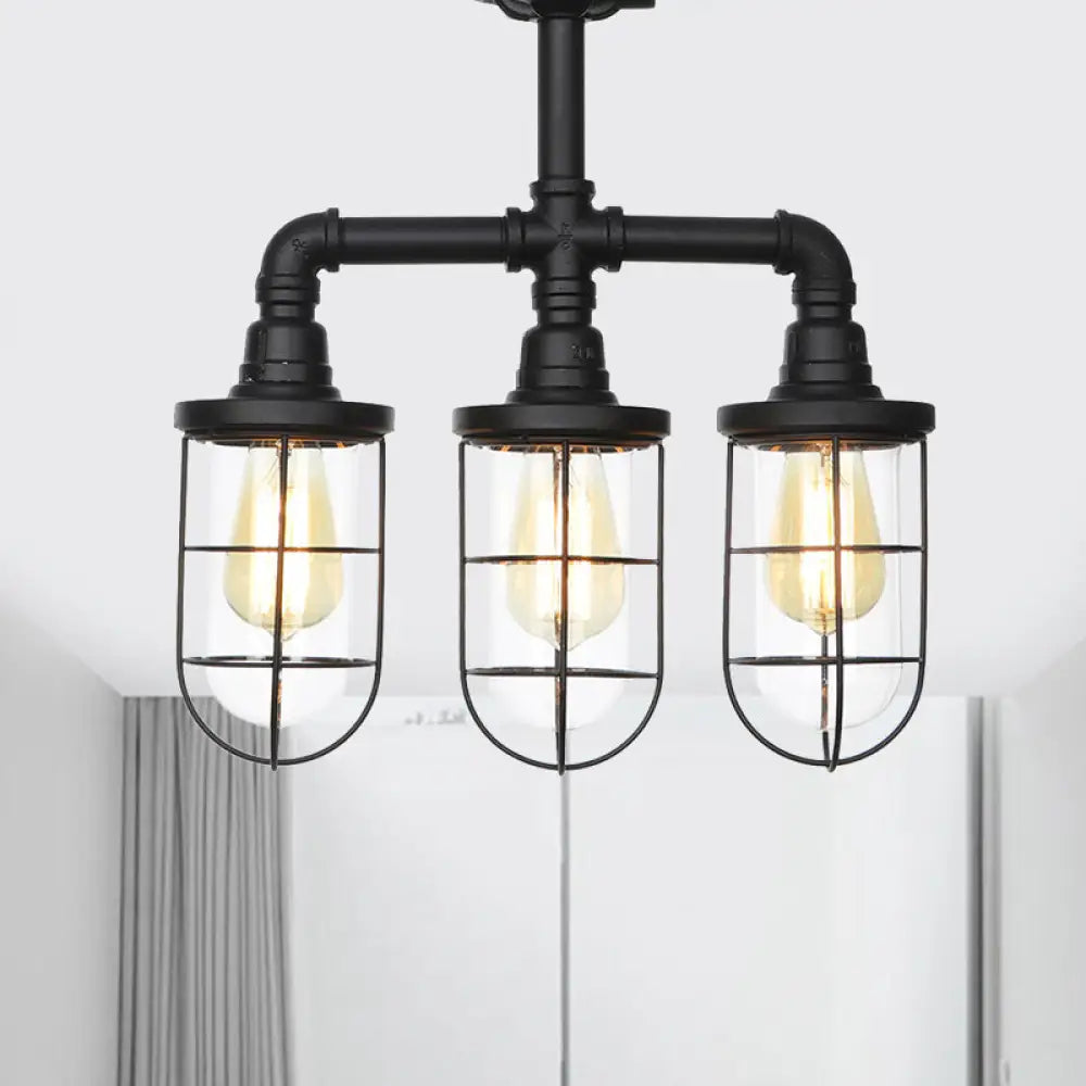 DecorBites™ DecorBites™ Sleek Black 3/4-Light Semi Mount Industrial Clear Glass Cage Lamp Fixture