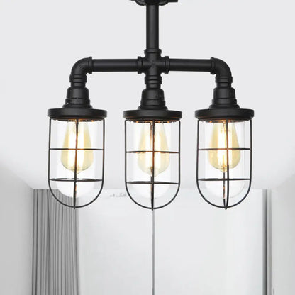 DecorBites™ DecorBites™ Sleek Black 3/4-Light Semi Mount Industrial Clear Glass Cage Lamp Fixture