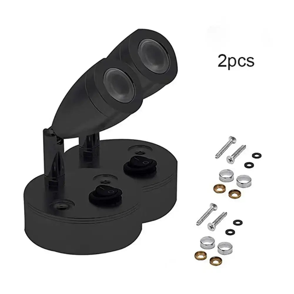 Black dual-head led reading lamp with adjustable arms and mounting hardware for rv and bedroom interior use