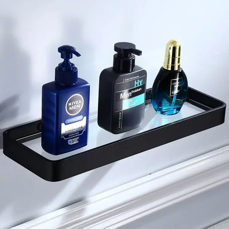 Sleek black aluminum glass shelf bathroom storage rack with modern design decorbites black aluminum finish