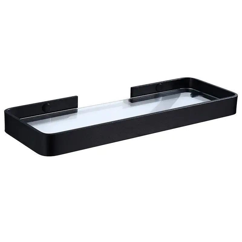 Sleek black aluminum glass shelf featuring a rectangular design with clear glass surface for bathroom storage decorbites black aluminum
