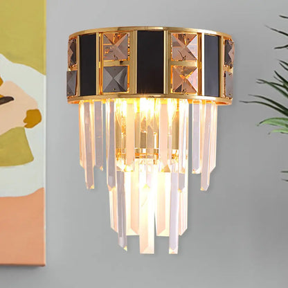 DecorBites™ DecorBites™ Sleek Black and Gold Tiered Wall Lamp with Clear K9 Crystal - 3 Heads - Ideal for Living Room