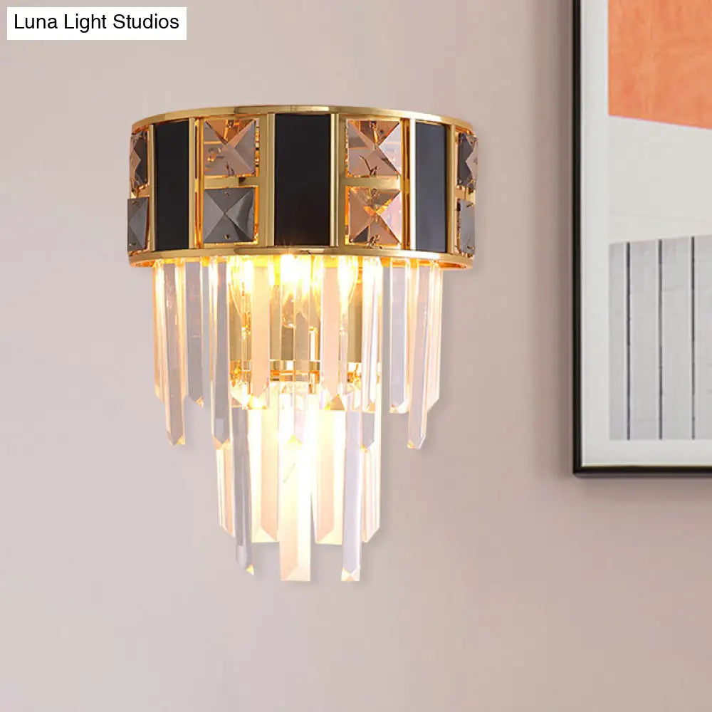 DecorBites™ DecorBites™ Sleek Black and Gold Tiered Wall Lamp with Clear K9 Crystal - 3 Heads - Ideal for Living Room