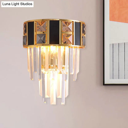 DecorBites™ DecorBites™ Sleek Black and Gold Tiered Wall Lamp with Clear K9 Crystal - 3 Heads - Ideal for Living Room