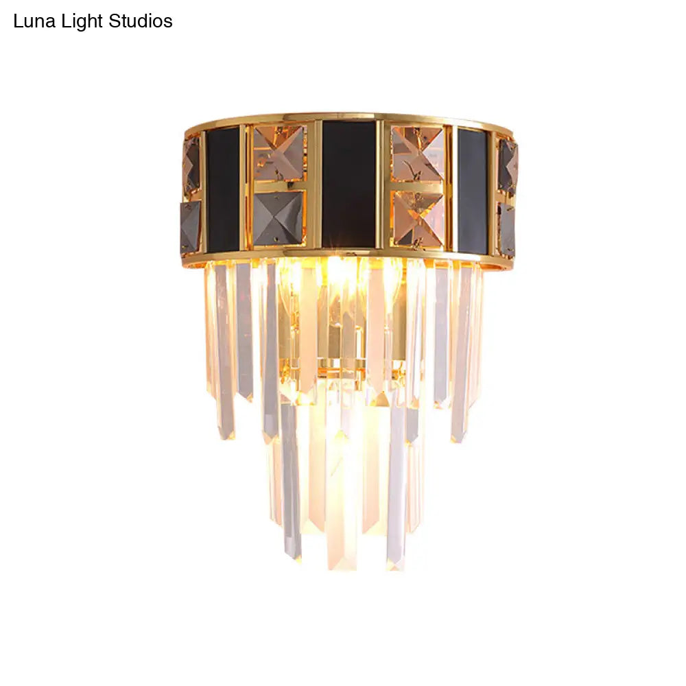 DecorBites™ DecorBites™ Sleek Black and Gold Tiered Wall Lamp with Clear K9 Crystal - 3 Heads - Ideal for Living Room