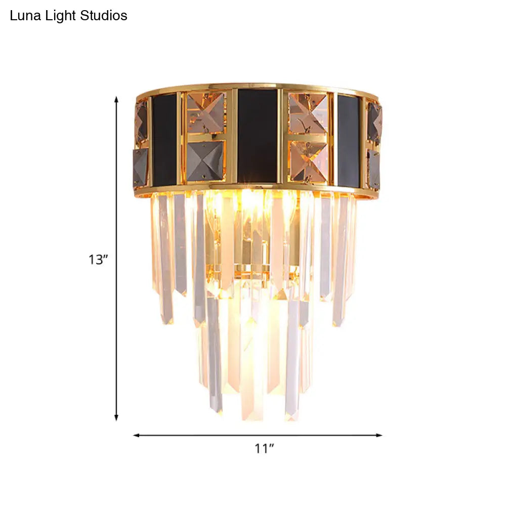 DecorBites™ DecorBites™ Sleek Black and Gold Tiered Wall Lamp with Clear K9 Crystal - 3 Heads - Ideal for Living Room