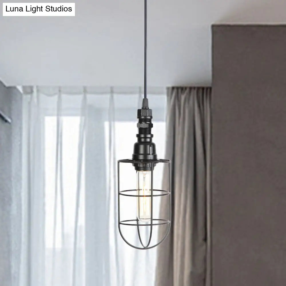 Sleek Black Caged Iron Pendant Light - Farmhouse Style for Coffee Shops - 1 Bulb Suspension