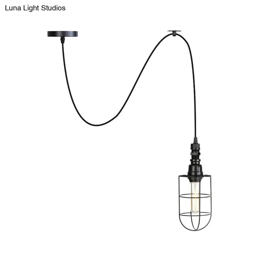 Sleek Black Caged Iron Pendant Light - Farmhouse Style for Coffee Shops - 1 Bulb Suspension