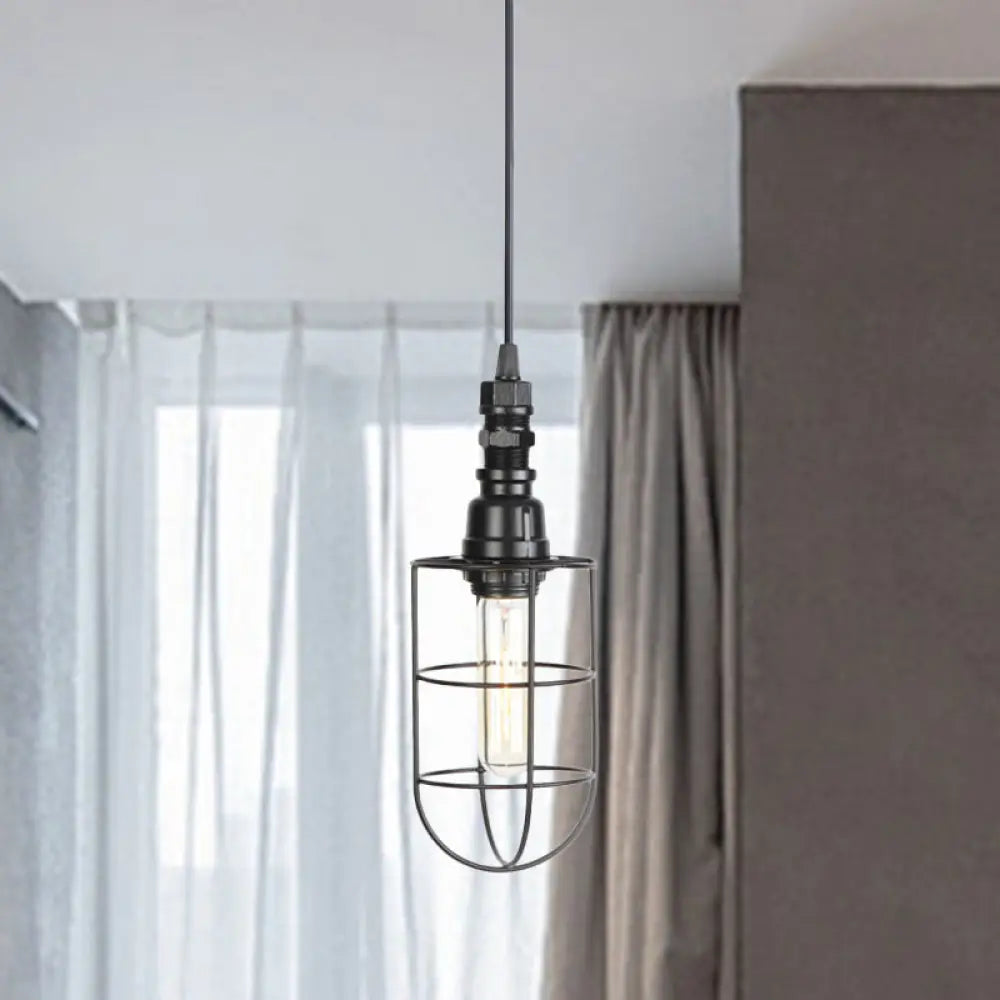 Sleek Black Caged Iron Pendant Light - Farmhouse Style for Coffee Shops - 1 Bulb Suspension