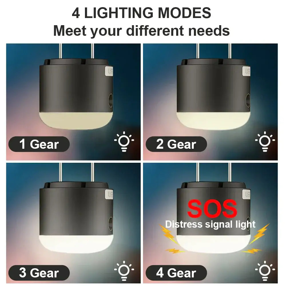 Sleek black and cream rechargeable led camping lantern with fan featuring four lighting modes including distress signal light