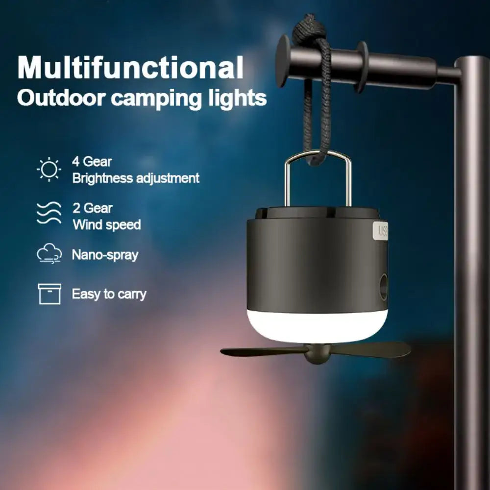 Sleek black and cream rechargeable led camping lantern with fan featuring a cylindrical design and white illuminated base