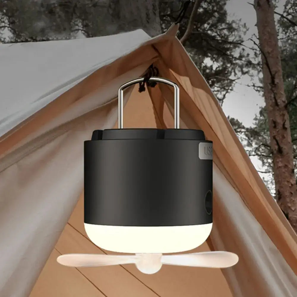 Sleek black and cream rechargeable led camping lantern with white illuminated base fan and metallic hanging handle