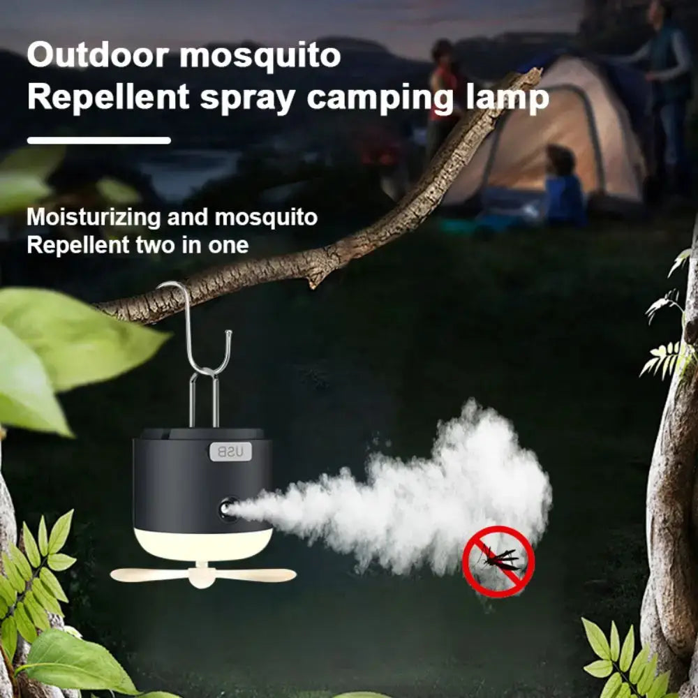 Sleek black and cream rechargeable led camping lantern with fan and hook emitting mist and mosquito-repelling spray