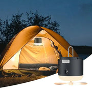 Sleek black and cream rechargeable led camping lantern with usb power metal hook and three-bladed fan base