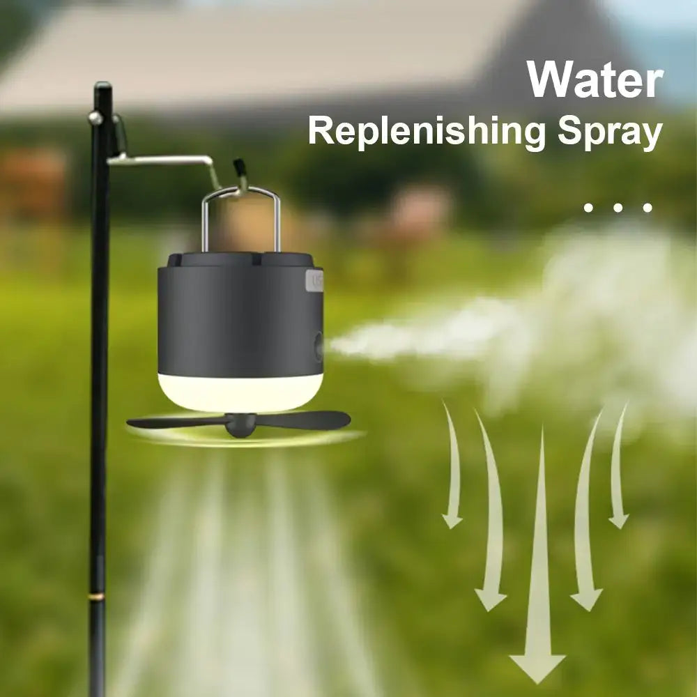 Black and white portable water replenishing spray with fan base featured in sleek black and cream rechargeable led camping lantern