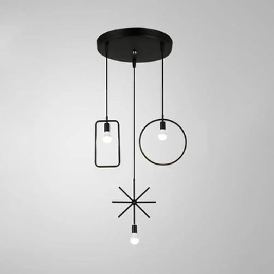 Sleek Black Geometric Dining Room Pendant Light with Exposed Bulbs - 3 Head Industrial Metal Lamp