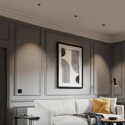 Black-framed abstract art with geometric curves hanging above sofa under sleek black glossy decorbites frameless led downlight