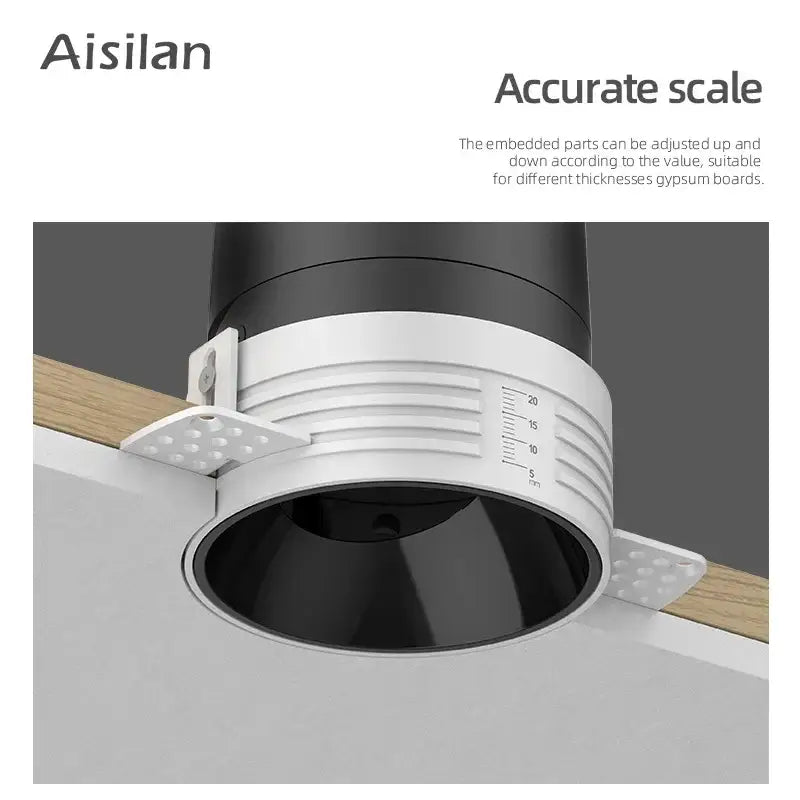 White and black adjustable recessed mount with measurement markings for gypseum board in sleek black decorbites frameless led downlight