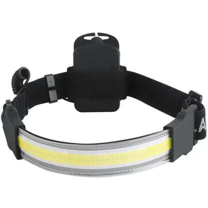 Sleek black and gray decorbites cob led sensor headlamp with adjustable strap featuring reflective yellow and silver stripes