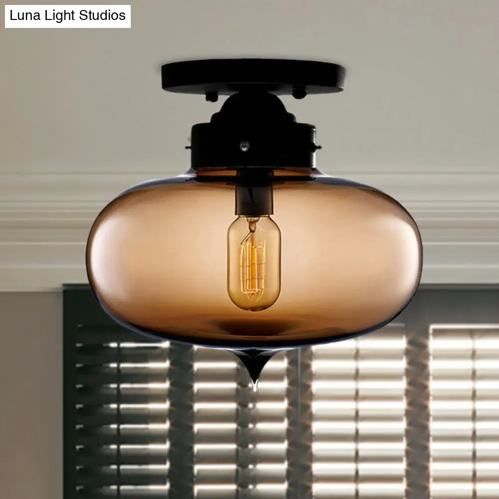 DecorBites™ DecorBites™ Sleek Black Industrial Semi Flush Light with Red/Brown/Amber Glass Oval Shade - Perfect for Dining Room Ceiling